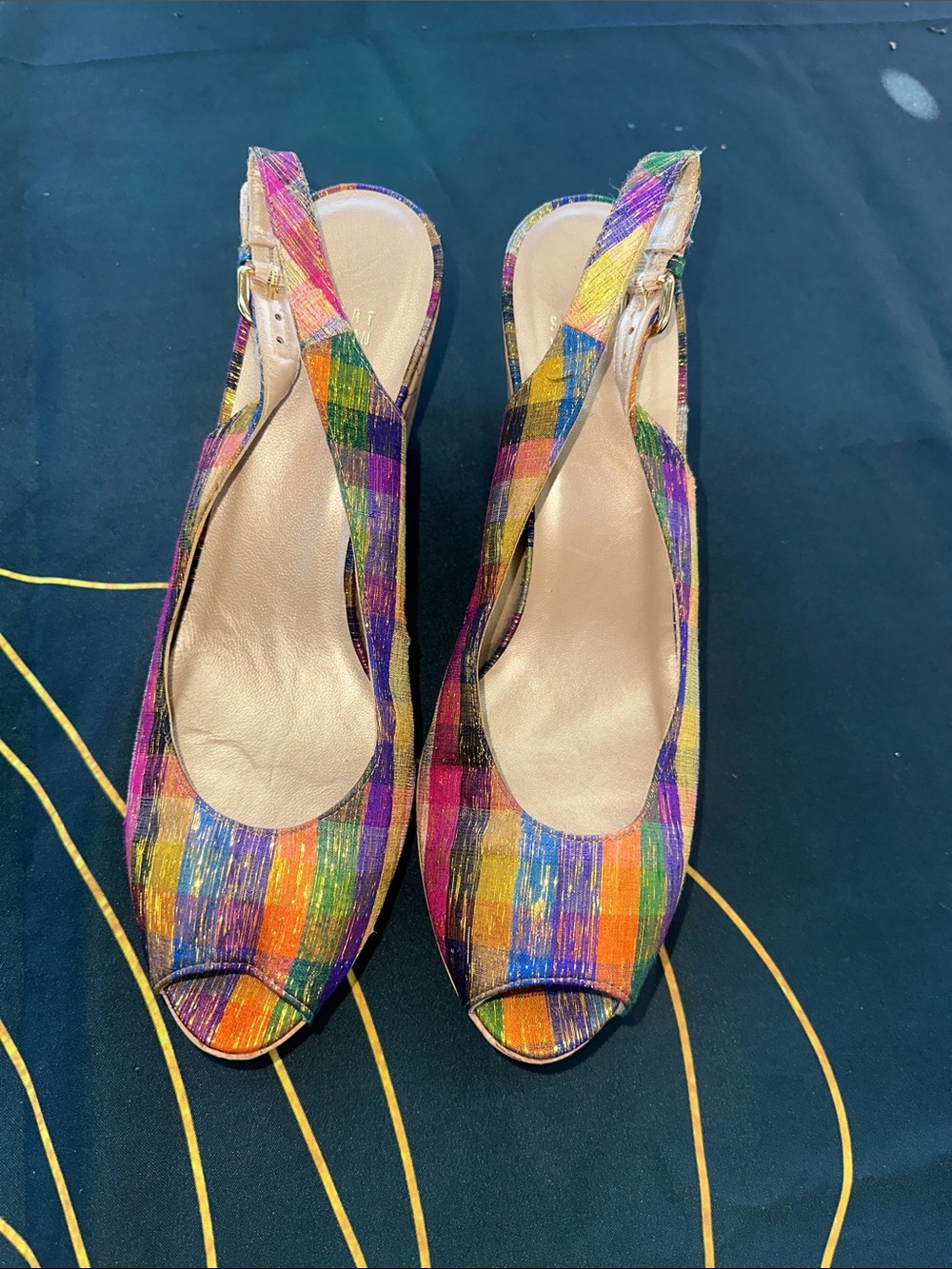 Stuart Weitzman Multicolor Plaid Cork Wedge Sandals - Picture 5 of 10